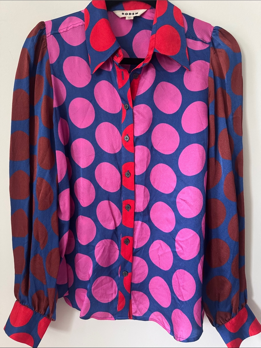 BODEN Hammered Satin Shirt-Tickled Pink Polka Dot Size 8 - Picture 11 of 13